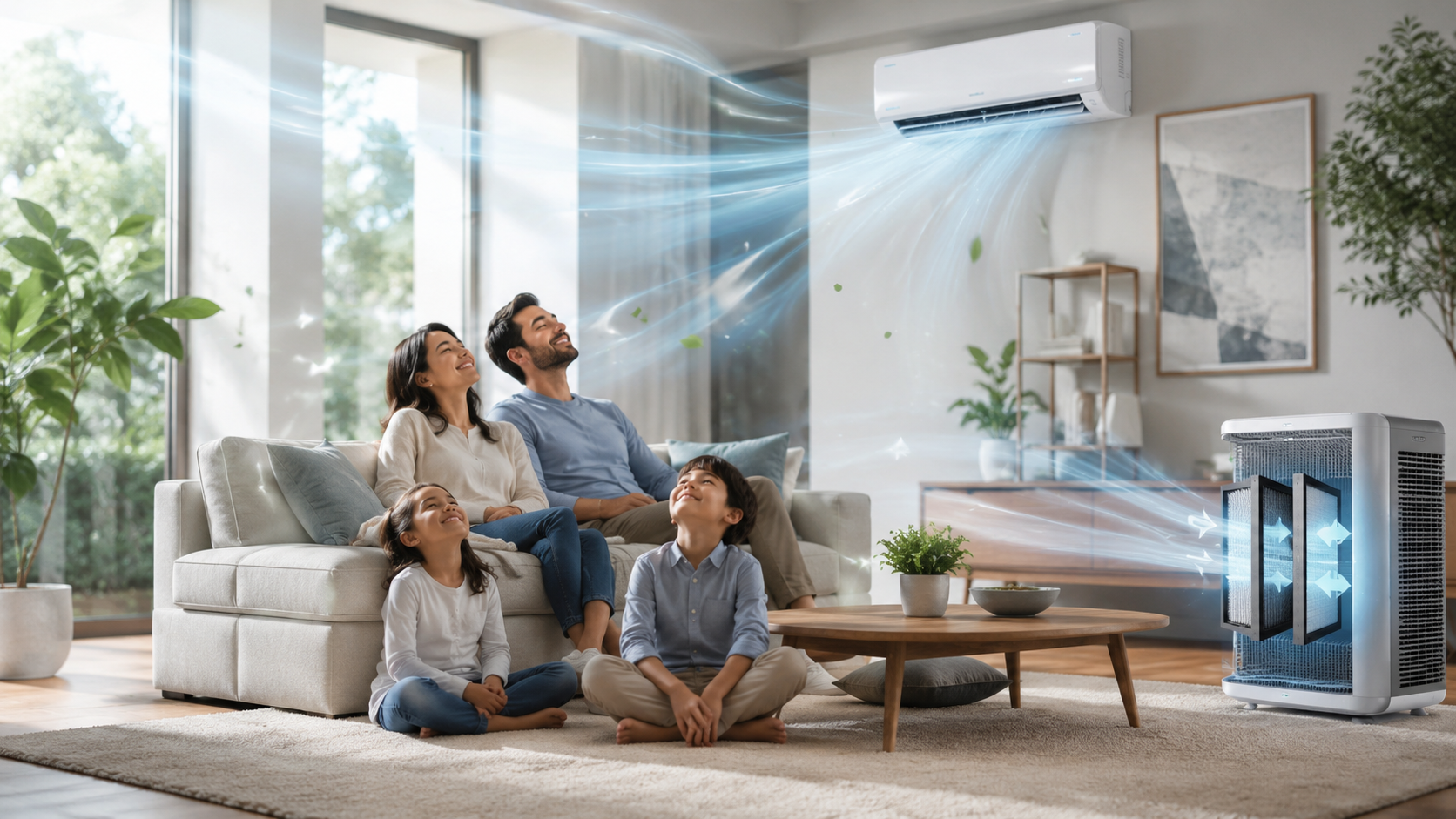 Family enjoying cleaner indoor air with a whole-home air purifier